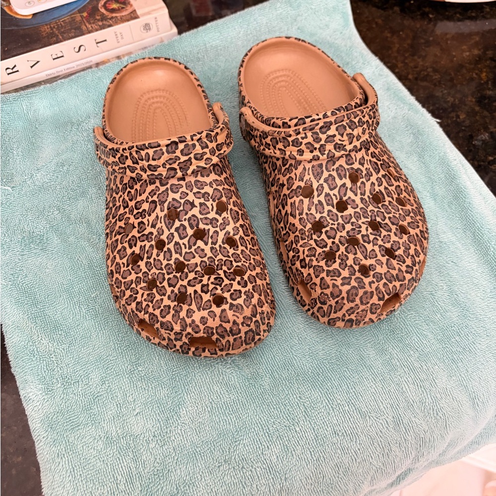 CROCS Leopard Print Classic Clog Mules in Tan and Brown